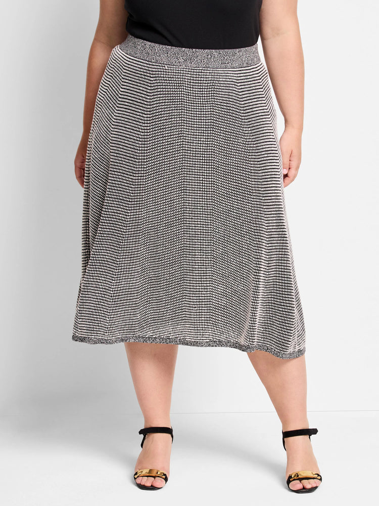 Black & white pixel knit A-line midi skirt featuring a textured waistband and hem.