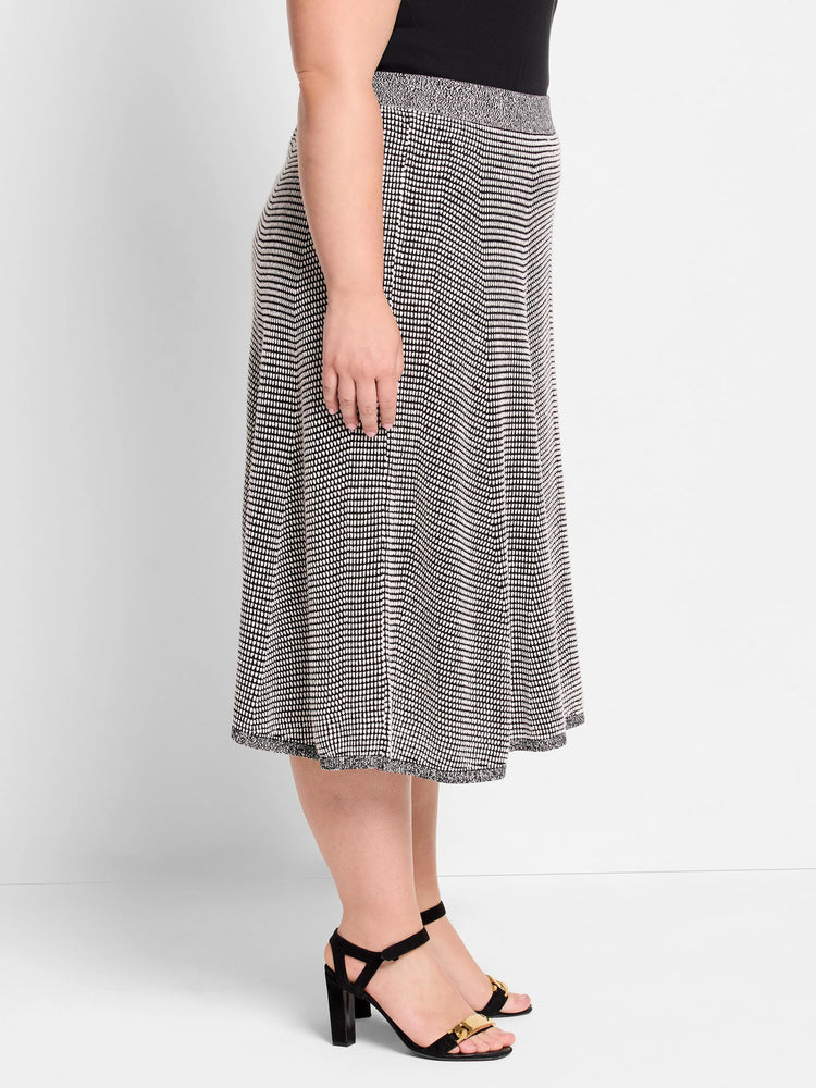 Black & off-white pixel knit midi A-line skirt with a speckled gray waistband and hem.