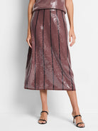 Mauve sequin midi skirt with thin black vertical stripes.