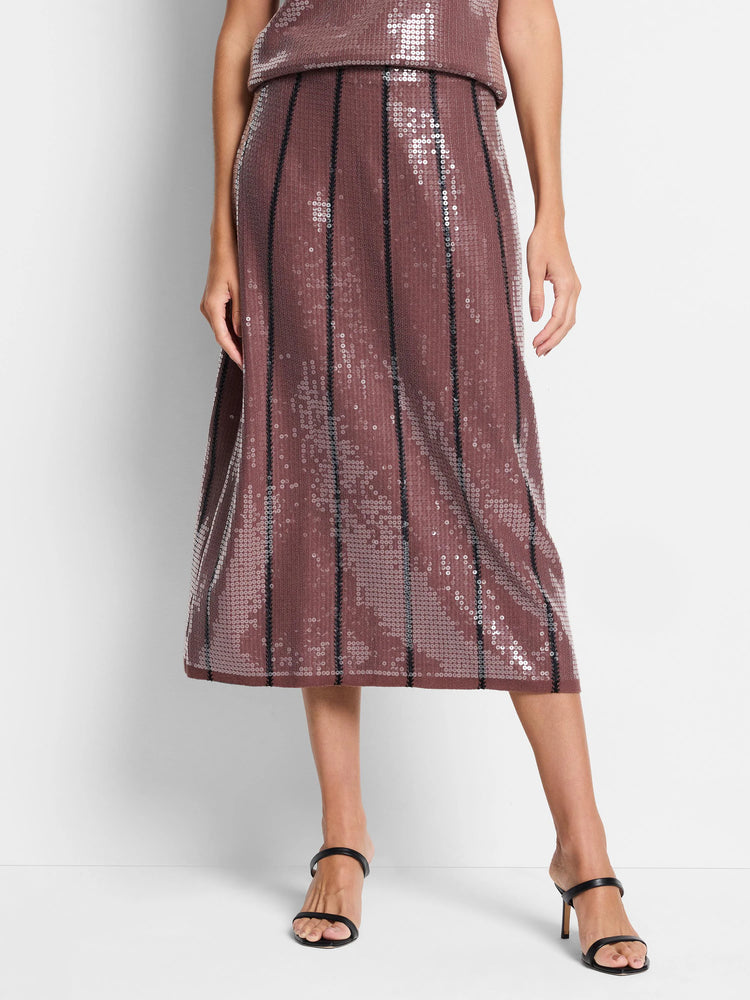 Mauve sequin midi skirt with thin black vertical stripes.