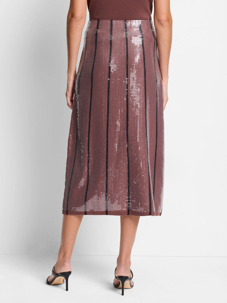 Mauve sequin midi skirt with thin black vertical stripes.