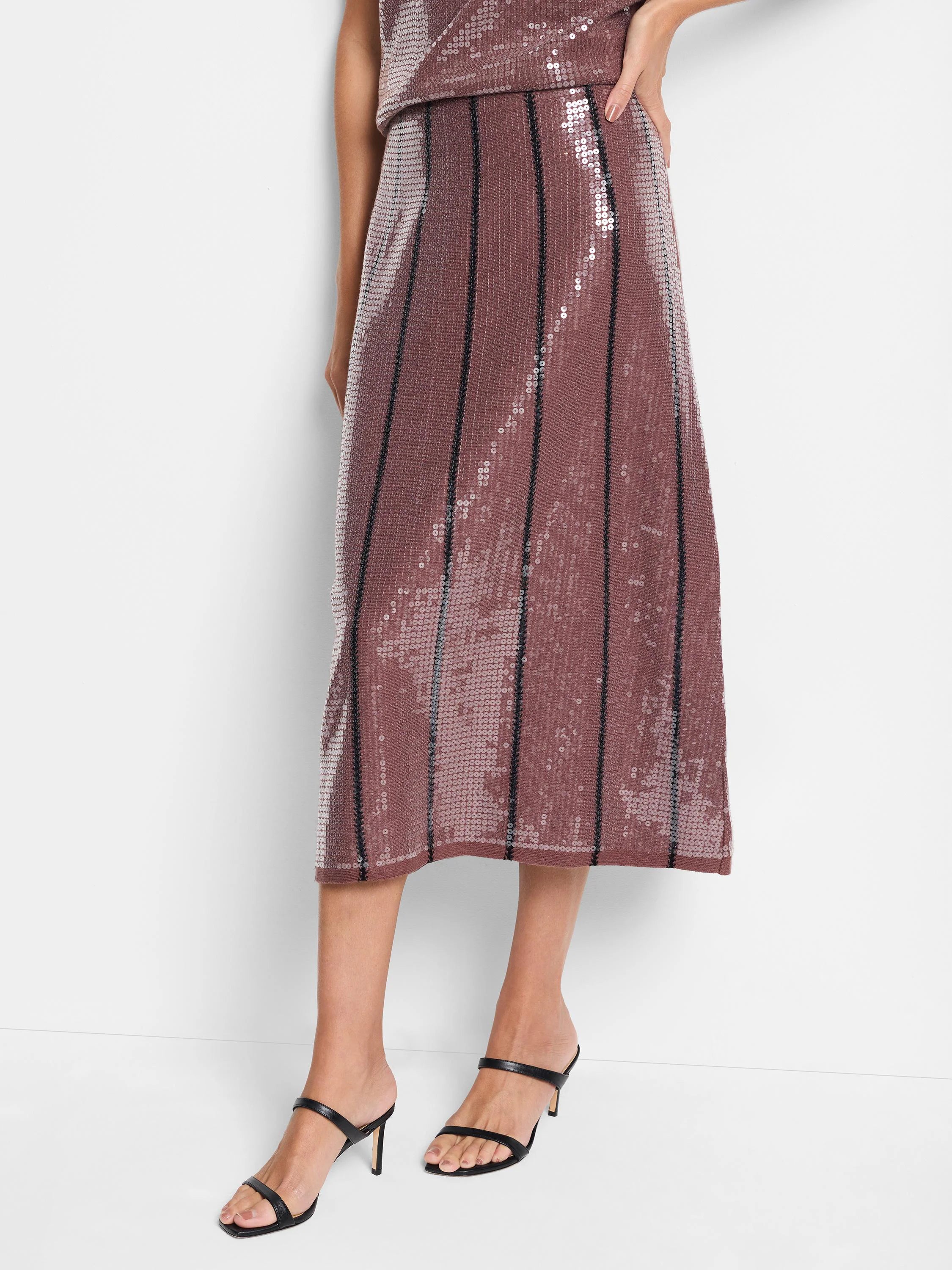 Mauve sequin midi skirt with vertical black stripes.