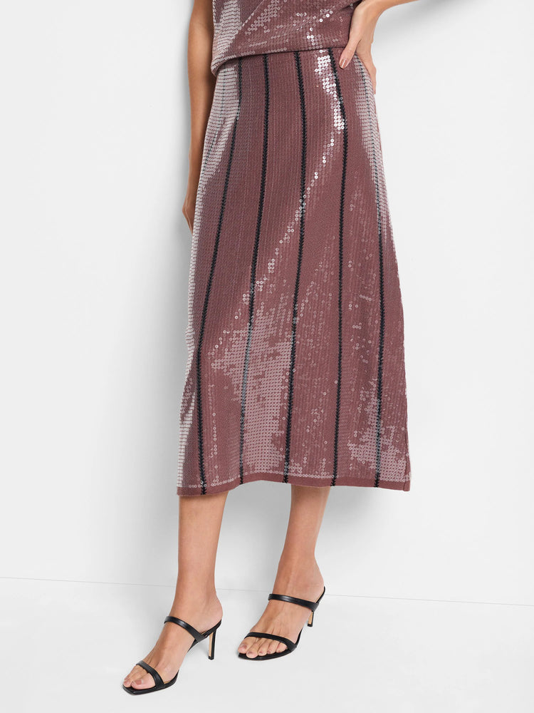 Mauve sequin midi skirt with vertical black stripes.