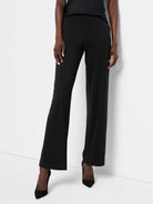 Black wide-leg pants;  pull-on style; shown on model with a high waist.
