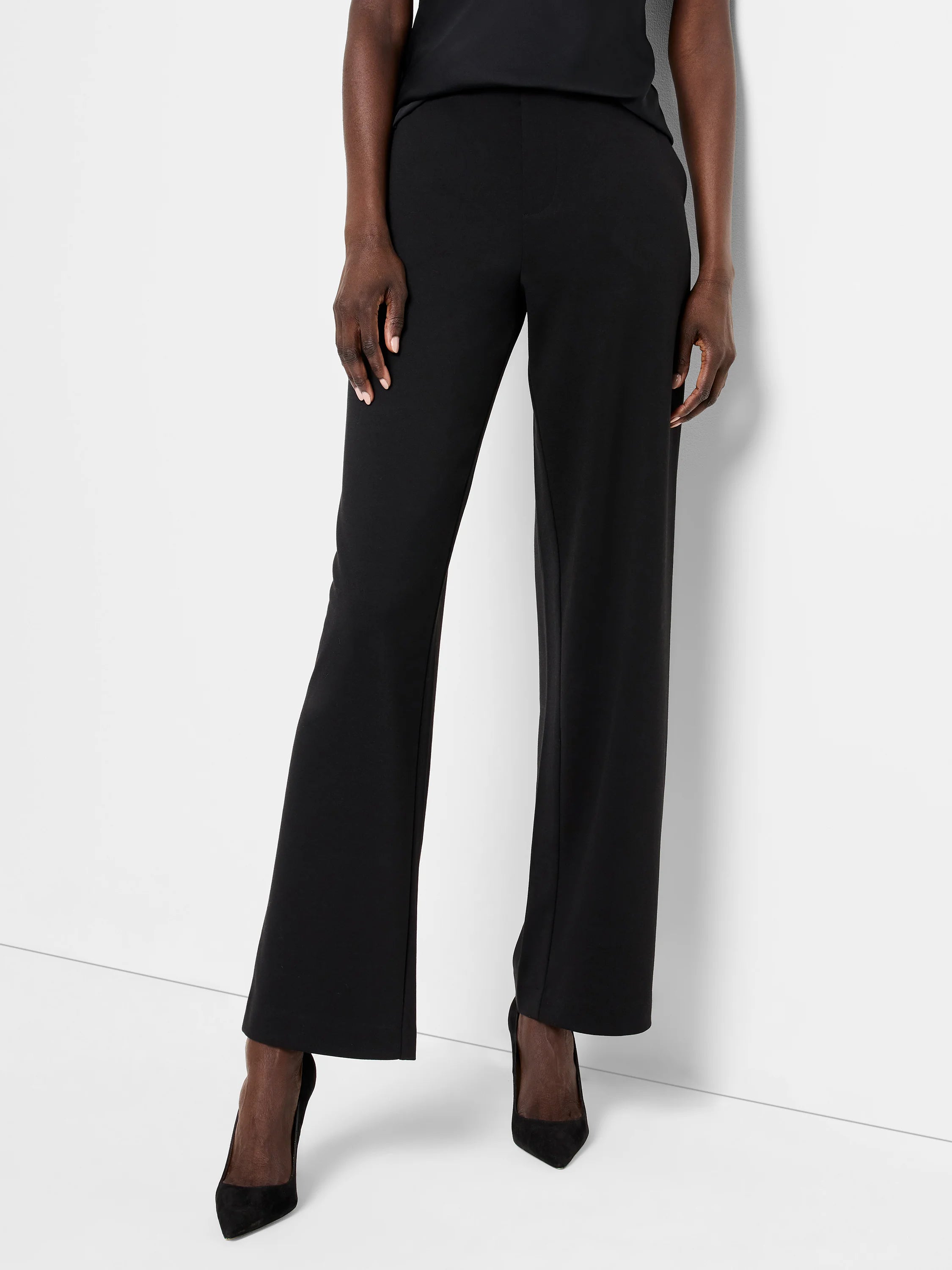 Black wide-leg pants;  pull-on style; shown on model with a high waist.