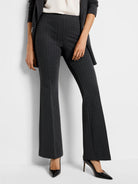 Dark gray bootcut pants with thin, lighter gray pinstripes.  A pull-on style.