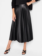 Black faux leather midi skirt with pleats.