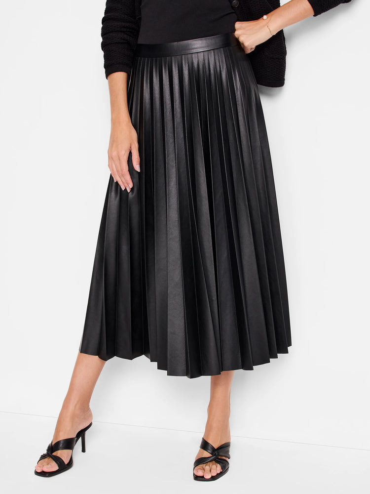 Black faux leather midi skirt with pleats.