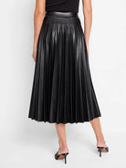 Black faux leather midi skirt with pleats.  A-line silhouette.