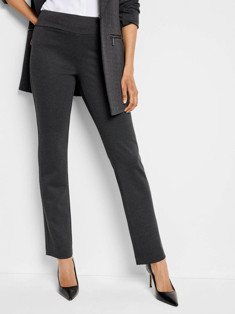 Dark gray knit pull-on pants, slim-leg, ankle-length. Features a wide flat waistband and subtle side seam pockets.