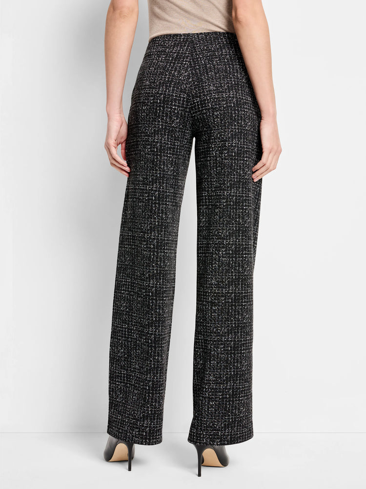 Black wide-leg pants with a subtle white grid pattern.  Rear view.