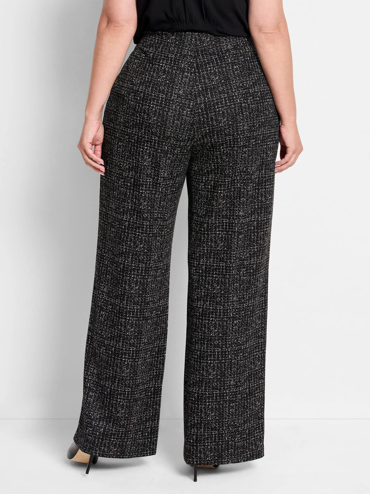 Black wide-leg pants with a small white and black grid pattern.