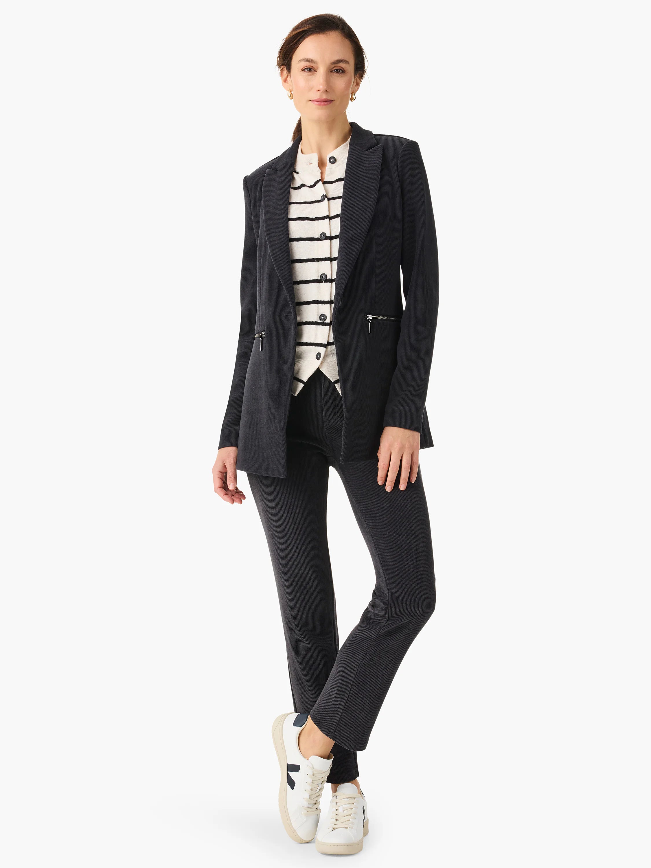 Dark gray corduroy pants; straight leg, ankle length.  Mid rise.