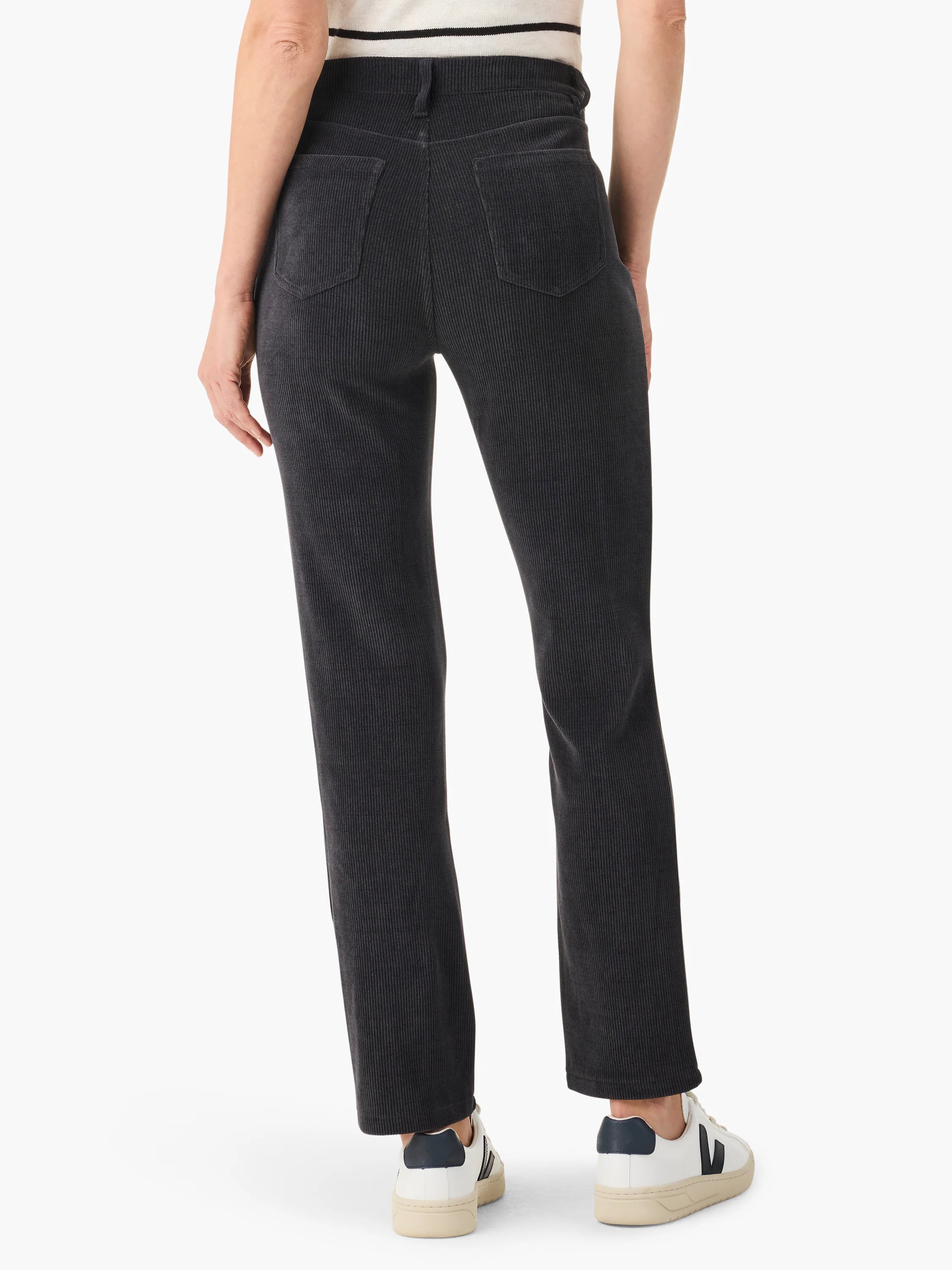 Dark gray corduroy pants, straight leg, ankle length.  Back view shows pockets.