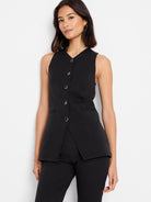 Black sleeveless vest with gold buttons, V-neck, and a split hemline.