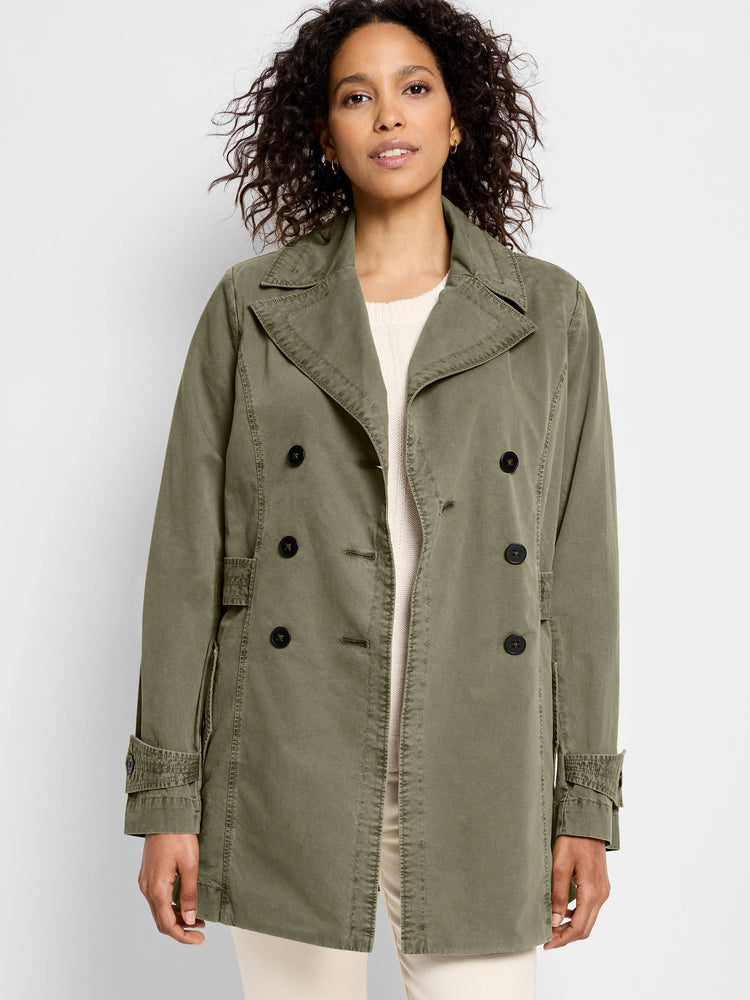 Olive green peacoat with black buttons, double-breasted, belted waist, and long sleeves.