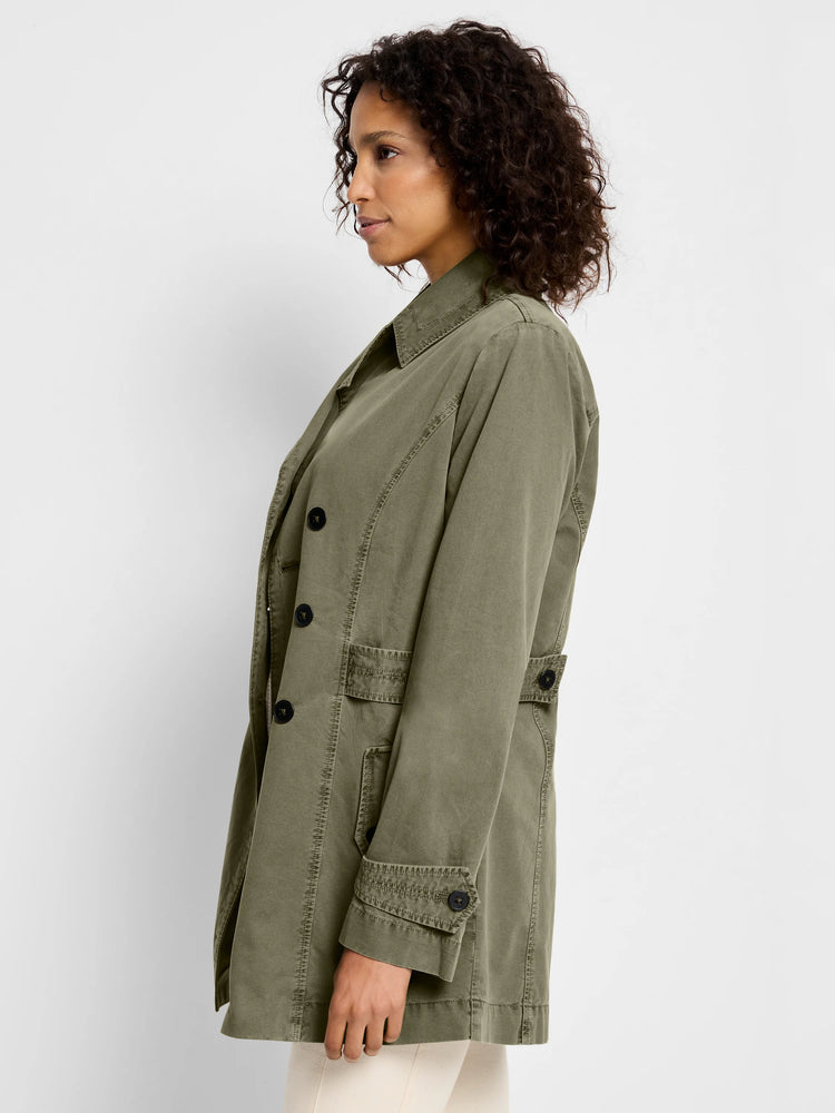 Olive green peacoat, double-breasted, with black buttons and cuffs.  Side view.
