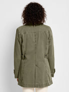 Olive green peacoat, long sleeves, buttoned cuffs, and a straight hem.  Rear view.