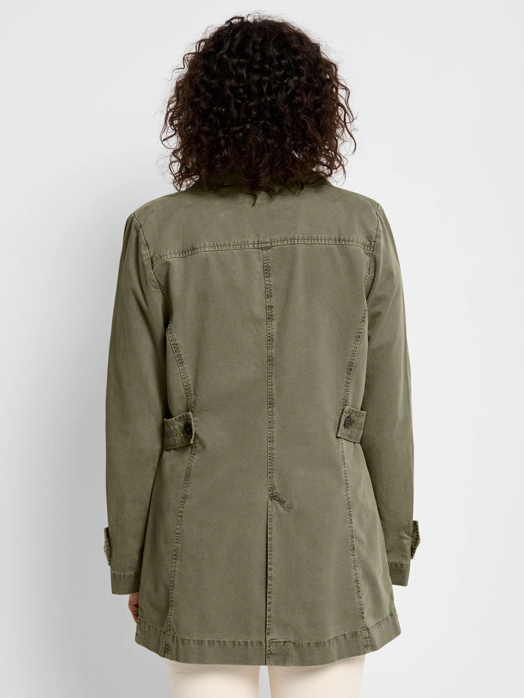 Olive green peacoat, long sleeves, buttoned cuffs, and a straight hem.  Rear view.