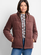 Brown quilted velvet puffer jacket.  Zip front,  long sleeves, and pockets.