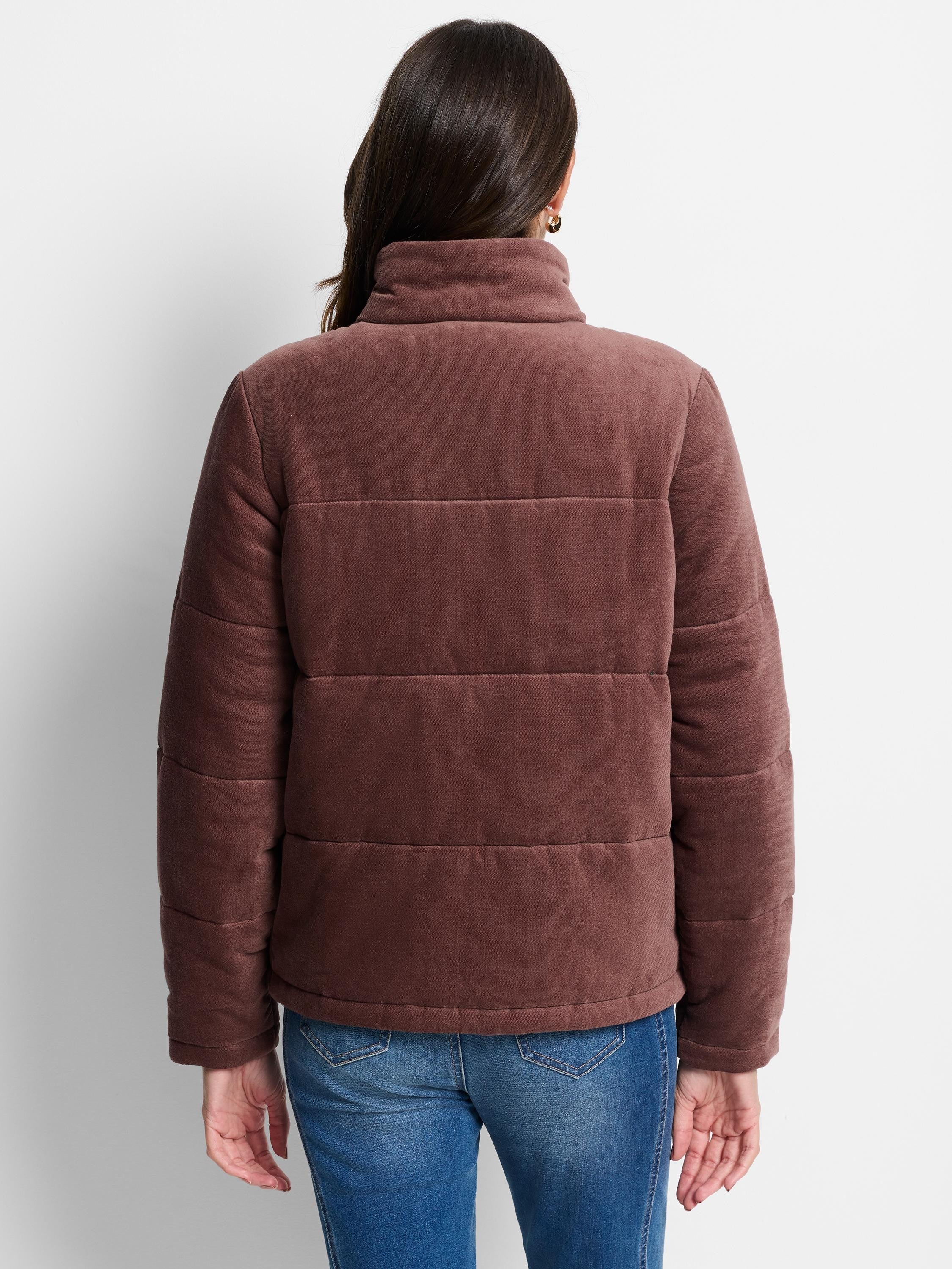 Brown velvet puffer jacket, horizontal quilted sections, stand collar.