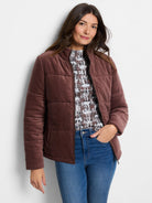 Brown velvet puffer jacket with a zipper.  Horizontal quilting.