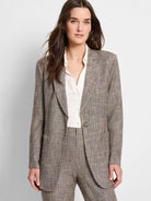 Beige and brown tweed blazer, single button, notched collar, patch pockets.