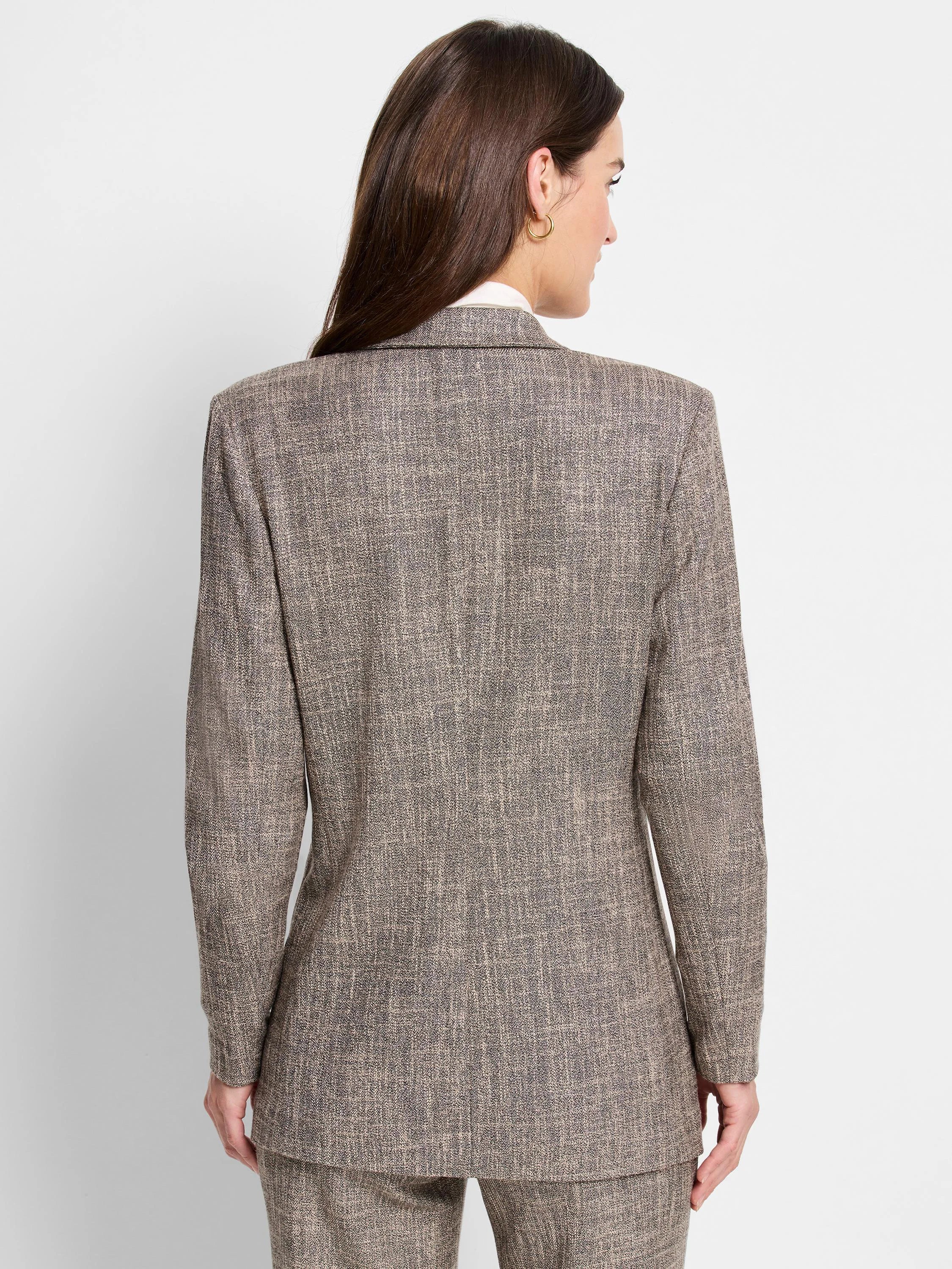 Brown tweed blazer, rear view.  Features a subtle beige and dark brown speckled pattern.  Long sleeves, notched collar.