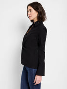 Black long-sleeved shirt; twist front detail, collared neckline.