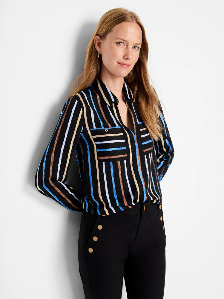 Black shirt with vertical painted stripes in blue, beige, and brown.  Long sleeves, collared.