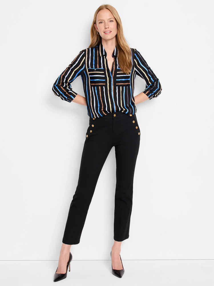 Black pants with gold buttons; black, blue, beige, and brown striped shirt.