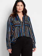Black shirt with vertical stripes in blue, beige, and gray.  Features a V-neck and chest pockets.