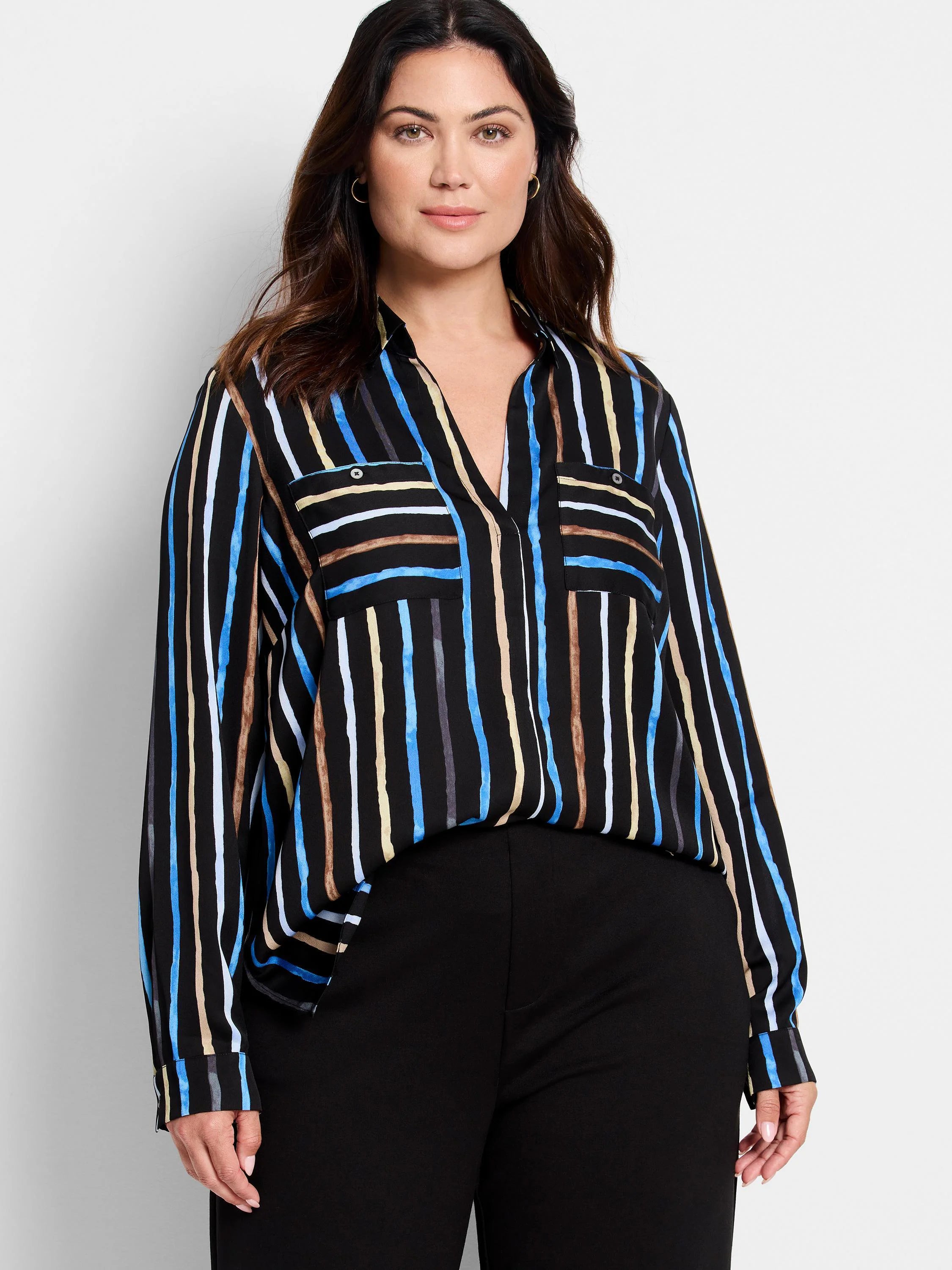 Black shirt with vertical stripes in blue, beige, and gray.  Features a V-neck and chest pockets.