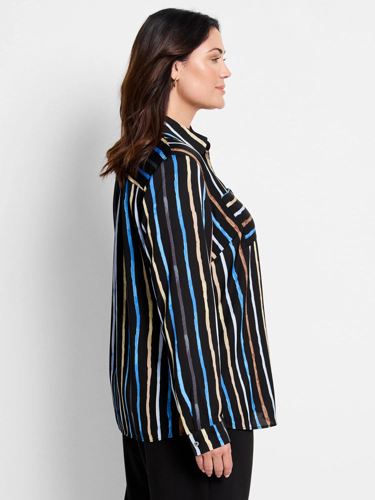 Black shirt with vertical stripes in blue, beige, and gray.  Long sleeves, collared.