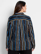 Black shirt with vertical stripes in blue, beige, and gray.  Long sleeves, collared.