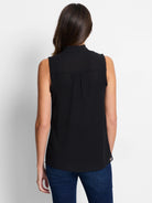 Black sleeveless tank top; back view.  High neck, slightly sheer hem.