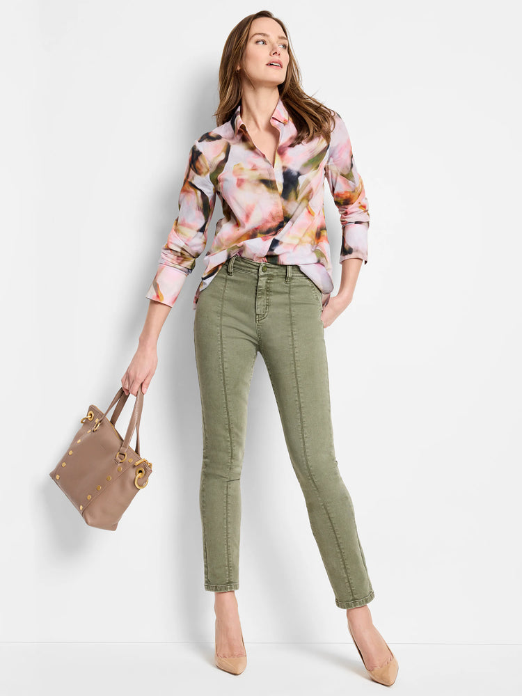 Long-sleeve button-down shirt.  Blush pink, peach, and dark teal abstract floral print on a white background.