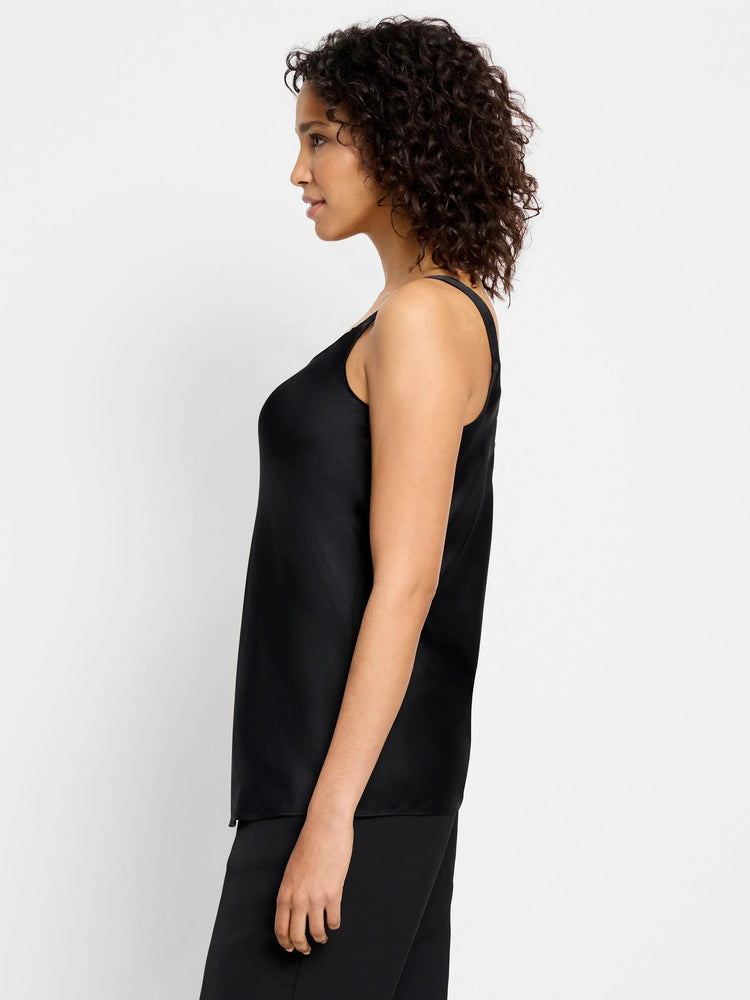Black crepe cami; thin straps. Side profile shows A-line shape,  smooth fabric.