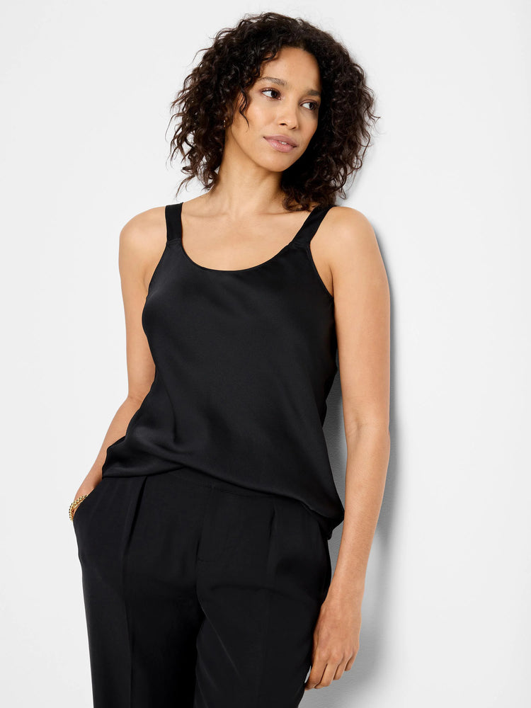 Black crepe cami, scoop neck, thin straps.  Model wears matching black pants.