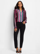 Vivid Vision shirt:  Multicolored vertical stripes on black background.  Long sleeves, collared.
