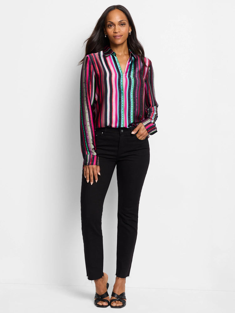 Vivid Vision shirt:  Multicolored vertical stripes on black background.  Long sleeves, collared.