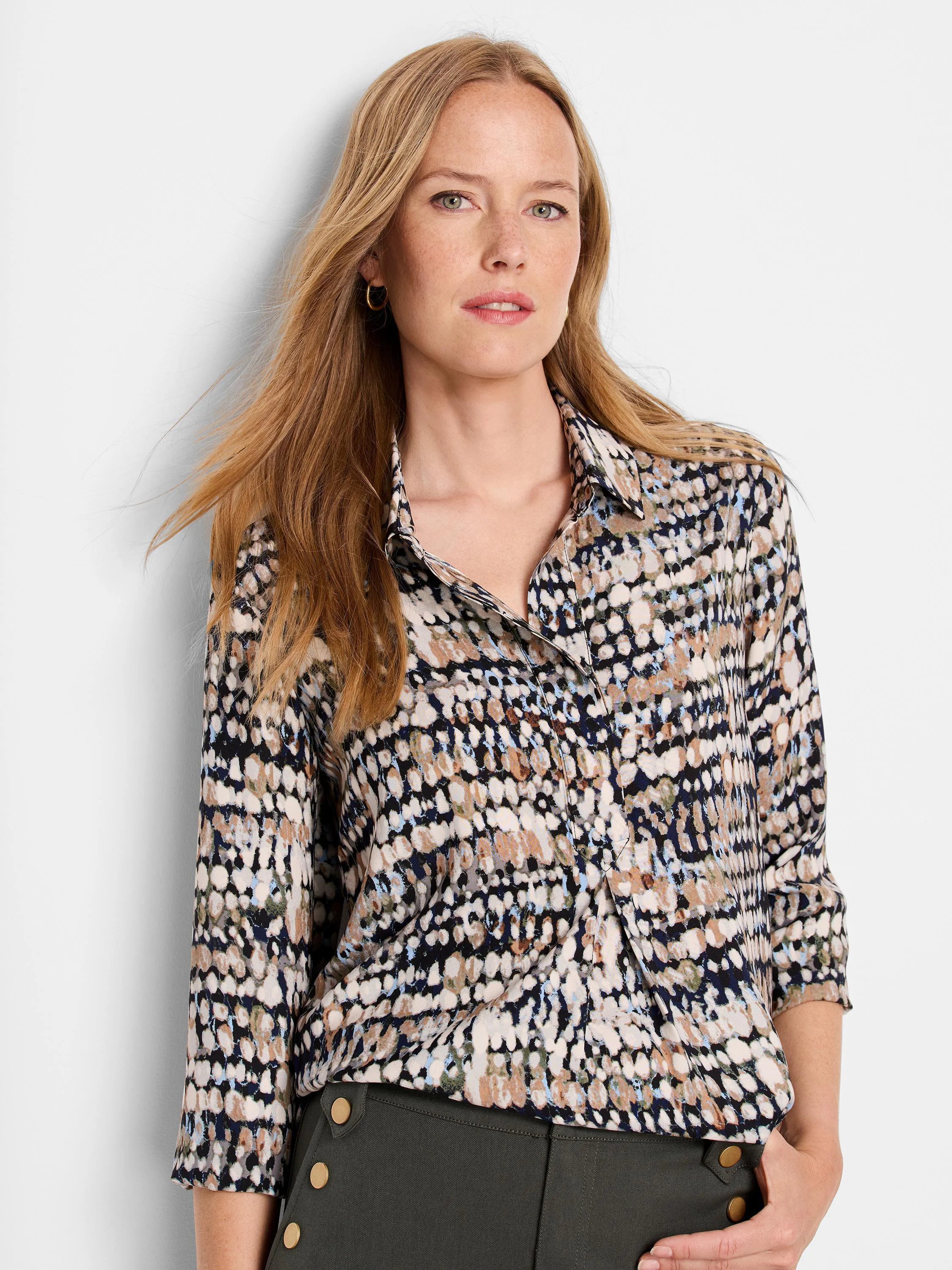 Harvest Dot Top: Black, beige, brown, light blue, and olive abstract dot collared shirt.