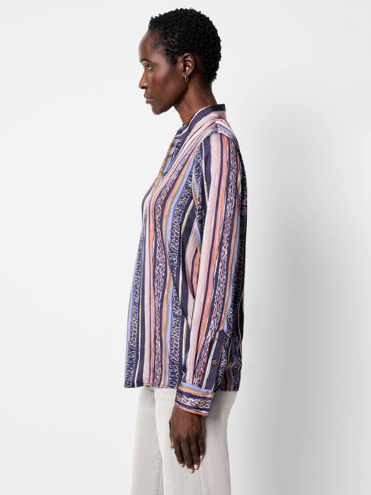 Long-sleeved button-up shirt. Vertical stripes in purple, pink, orange, and green with animal print accents.