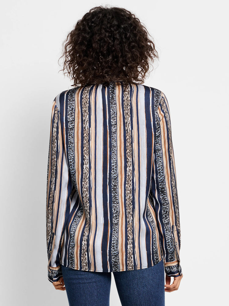 Here's alt text for the image, under 125 characters:

"Blue, beige, and brown vertical striped shirt.  Stripes...