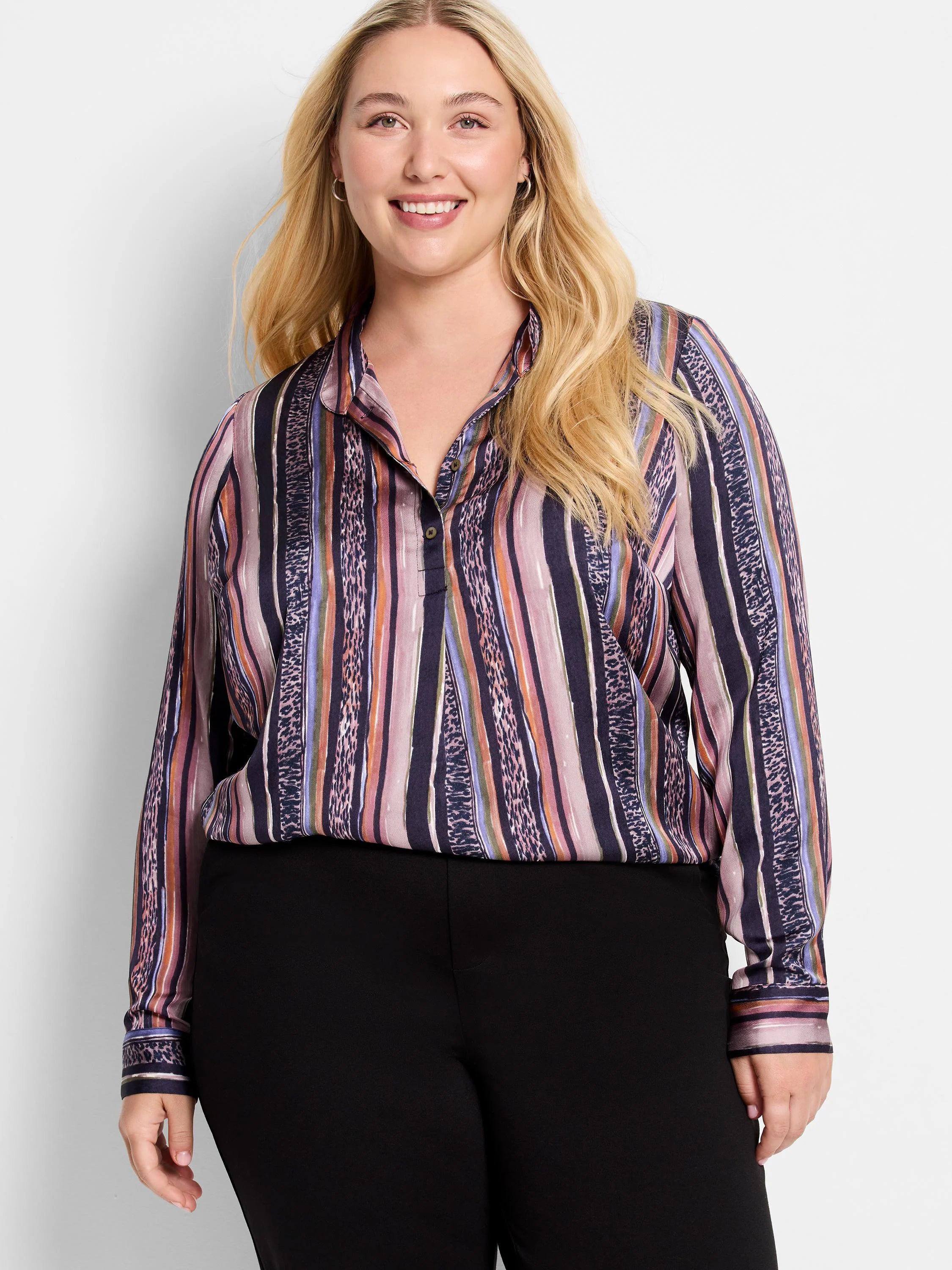 Multicolored vertical stripes on a long-sleeved collared shirt.  Predominantly dark purple, with orange, pink, and light...