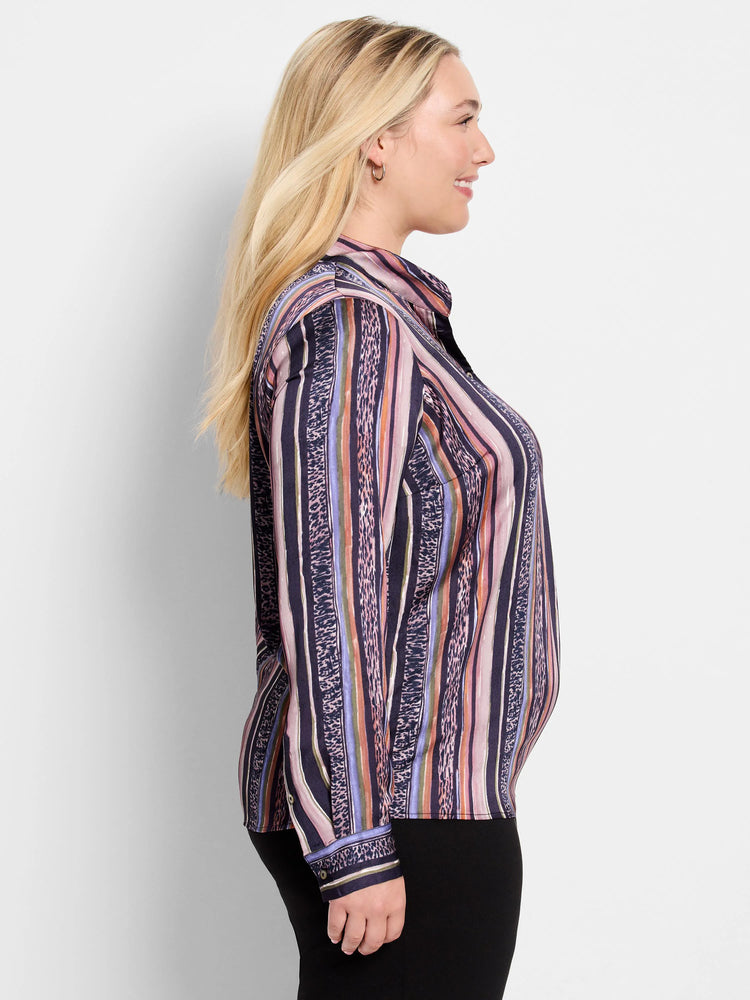 Long-sleeve button-up shirt. Vertical stripes in dark purple, pink, orange, and green, with animal print accents.