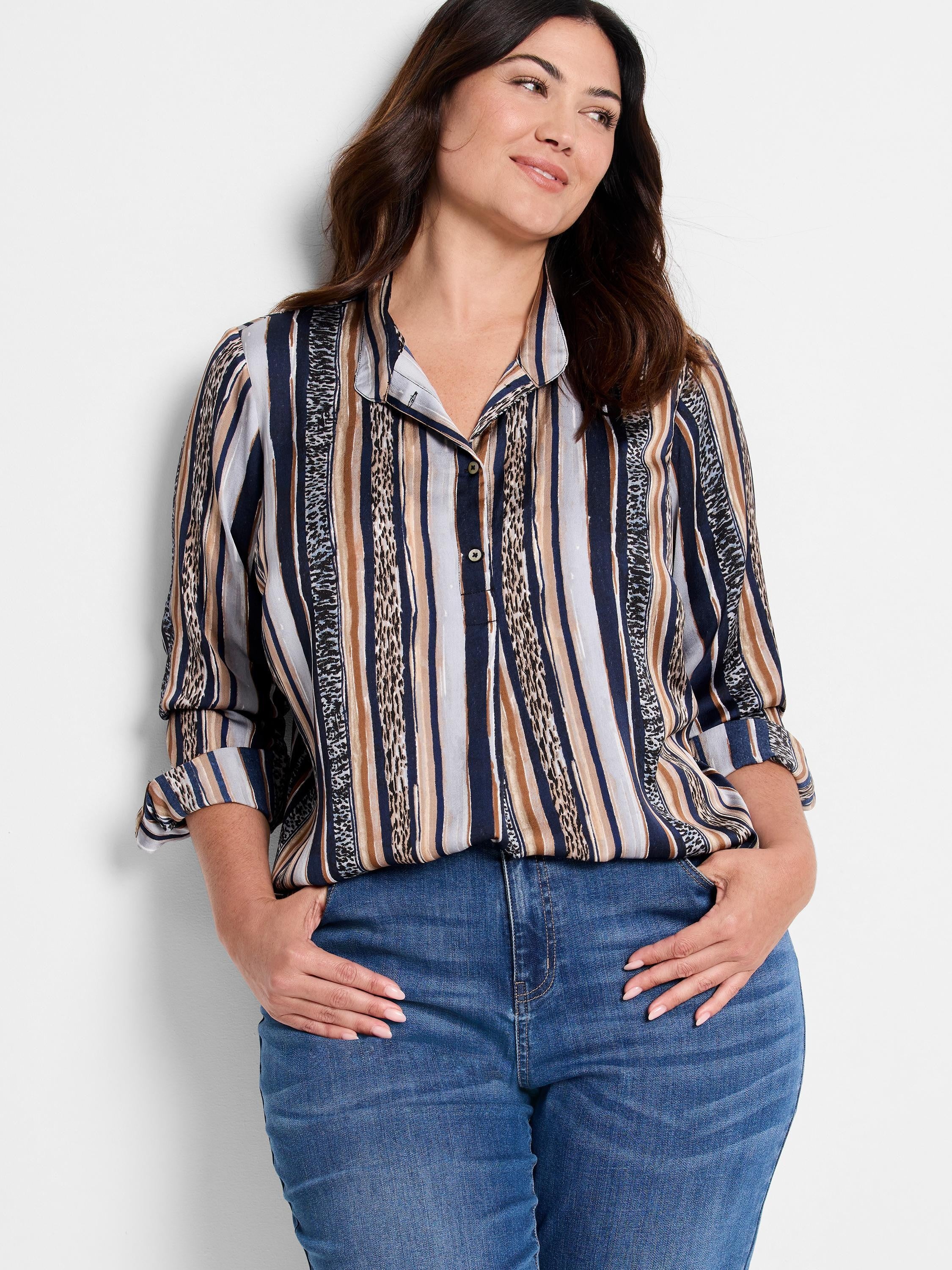 Here's alt text for the image, aiming for under 125 characters:

"Vertical striped shirt.  Colors: navy, taupe, light...