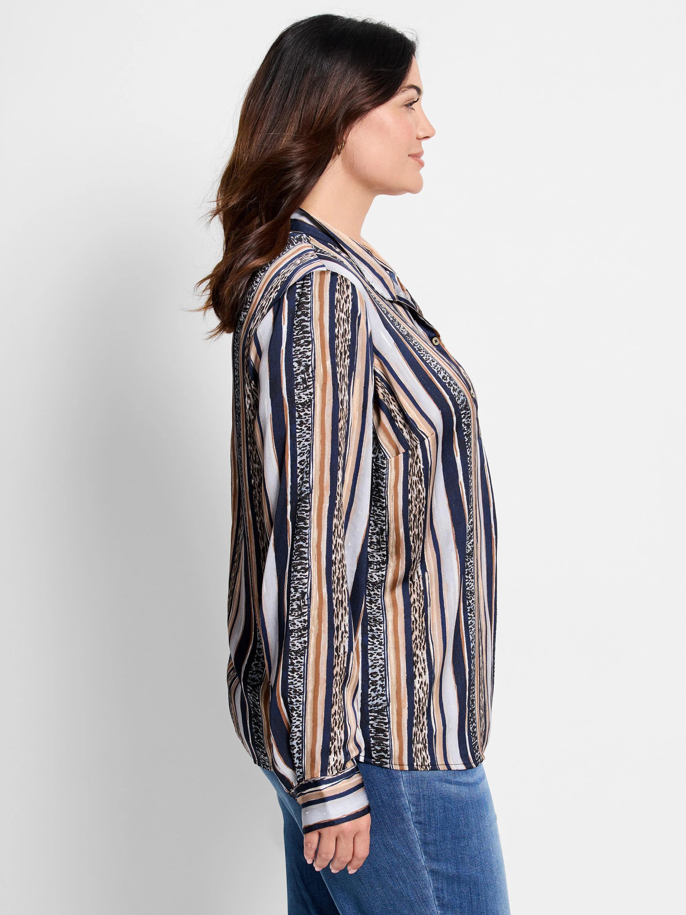Long-sleeve shirt; vertical stripes in navy, beige, and light gray with animal print accents.