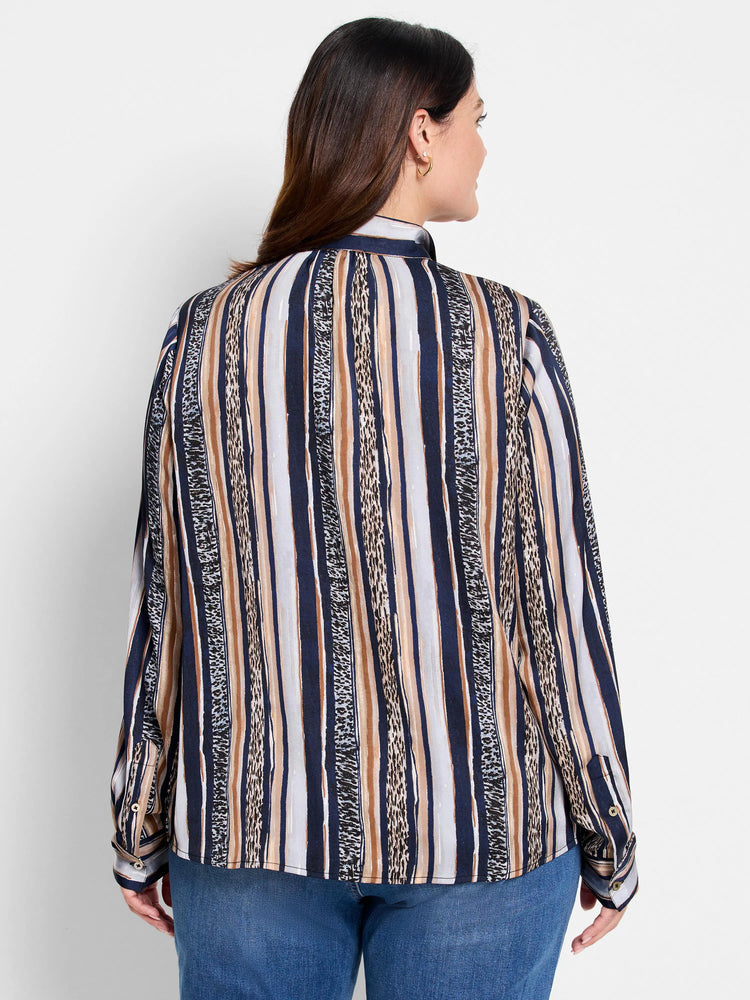 Animal print shirt; vertical stripes in navy, beige, and light gray with darker animal print accents. Long sleeves, collared.