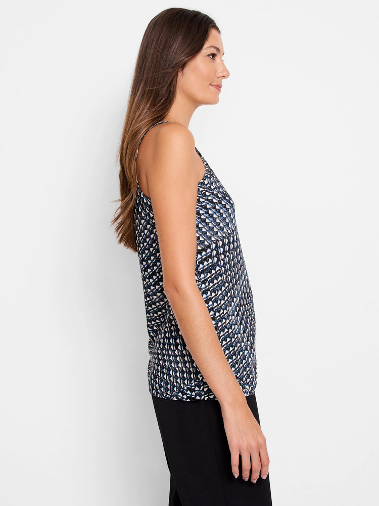 Sleeveless cami; blue, black, and off-white geometric print.  Side profile view.